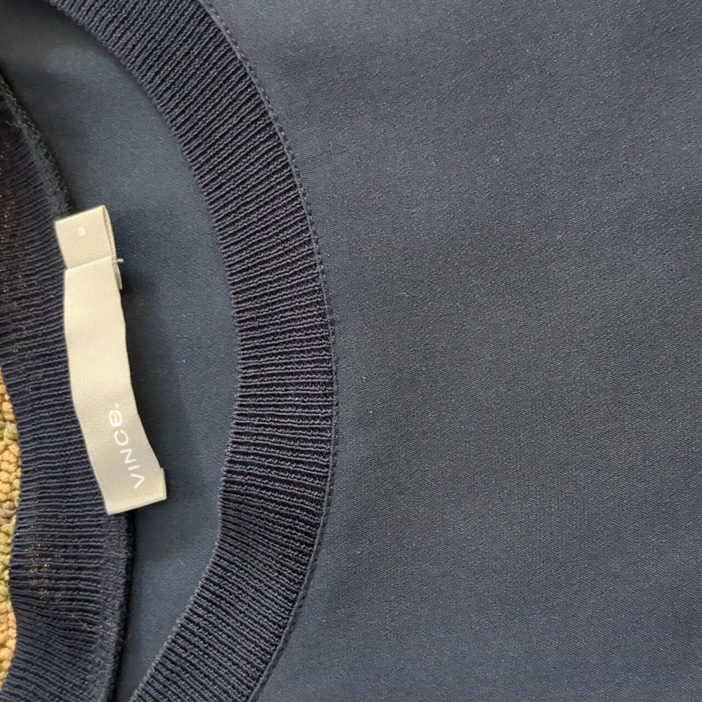 Vince navy blue silk top with rouche sides.